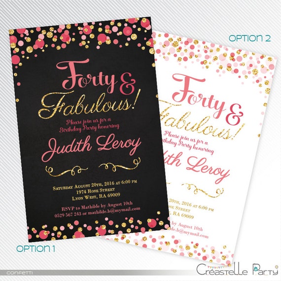 Pink and gold glitter confetti 40th birthday party printable invitation - Chalk and confetti invitation - Forty and fabulous Il_570xn