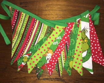 Grinch Bunting Banner, Grinch Christmas, Dr. Seuss Christmas Decor, Grinch Fabric Banner, Grinch Christmas Garland