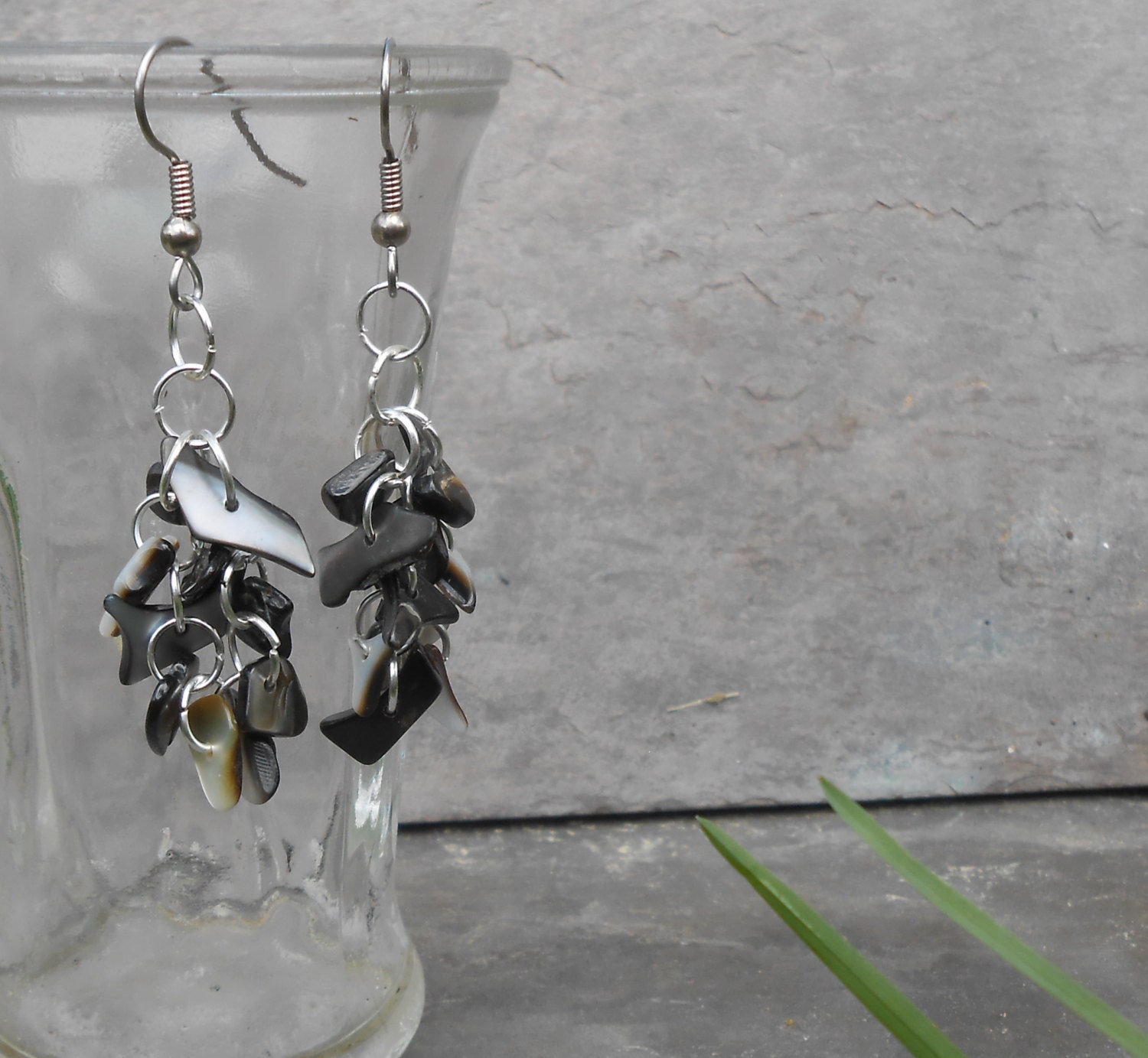 Funky Shell Earrings Handmade Beaded Dangle Black Lip Shell