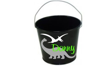 Halloween Bucket, Dinosaur Metal Bucket with Handle, Child's Name, personalized basket, many color and font choices
