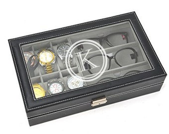 Engraved Sunglass and Watch Box - Holds 6 Watches and 3 Glasses - Black Leather Box With Glass Lid -Jewelry Case Organizer - Reading Glasses