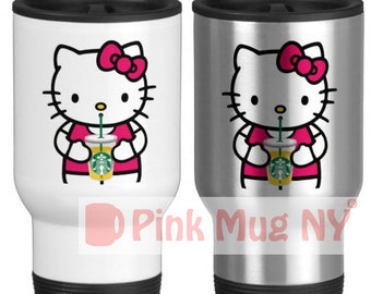 Personalized 15oz Stainless Steel Travel Mug / designed PinkMugNY- I love Starbucks - Hello Kitty