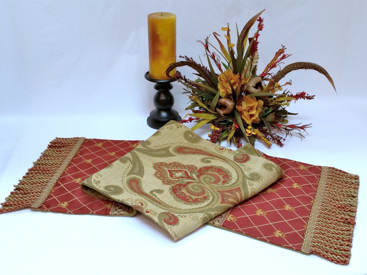 Decorative Table Runner Red Gold Sage Green Table Runner