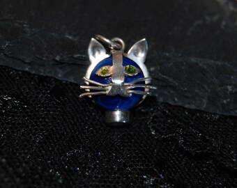 Vintage Cute Whiskery Green Eyed Kitty Cat Face Pendant Sterling Silver Faced Lapis Bezel Set Cut Out Kitten #BKC-KCHRM180