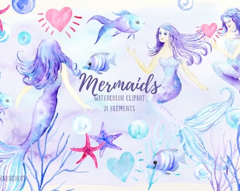 Mermaid clip art, watercolor mermaid, mermaids, fish, star fish, bubbles, hearts for instant download, mermaid clipart