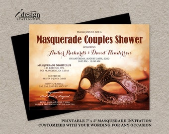 Masquerade Invitation | Printable Mardi Gras Couples Shower Invitations With Mask | Elegant Masquerade Party Invites