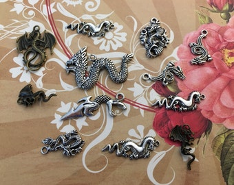 14 Pcs New Dragon Snake Wyrm Worm Charms Pendant Lizard Drake Jewelry Arts Crafts Silver Gold Brass Bronze Fire
