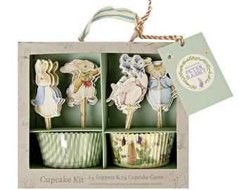 Peter Rabbit Cupcake Kit, Meri Meri Beatrix Potter Cupcake Liners and Cake Picks, Baby Shower Cupcakes, Storybook Cake Decorations