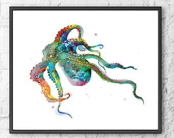 Octopus print, watercolor painting nautical art, octopus art, nautical decor, sea life, bathroom wall art, ocean life, coastal art - F143
