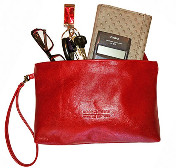 red leather clutch purse