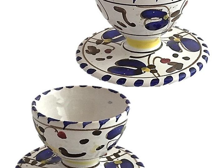 Hand Painted Egg Cups with Saucer - Set of 2 - Vintage - Breakfast - Kitchen - Home Decor - Made in Italy