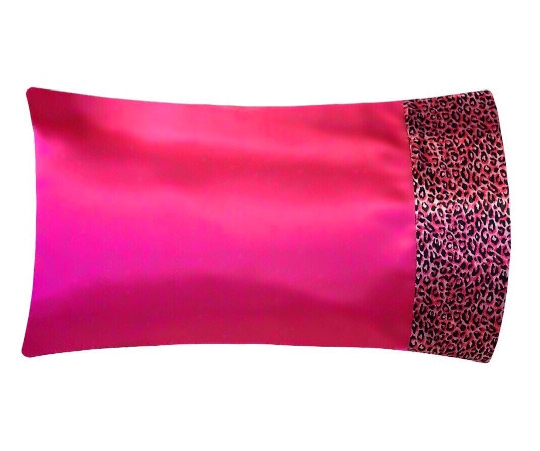 Hot Pink Satin Pillowcase With Pink Leopard Trim Hot Pink