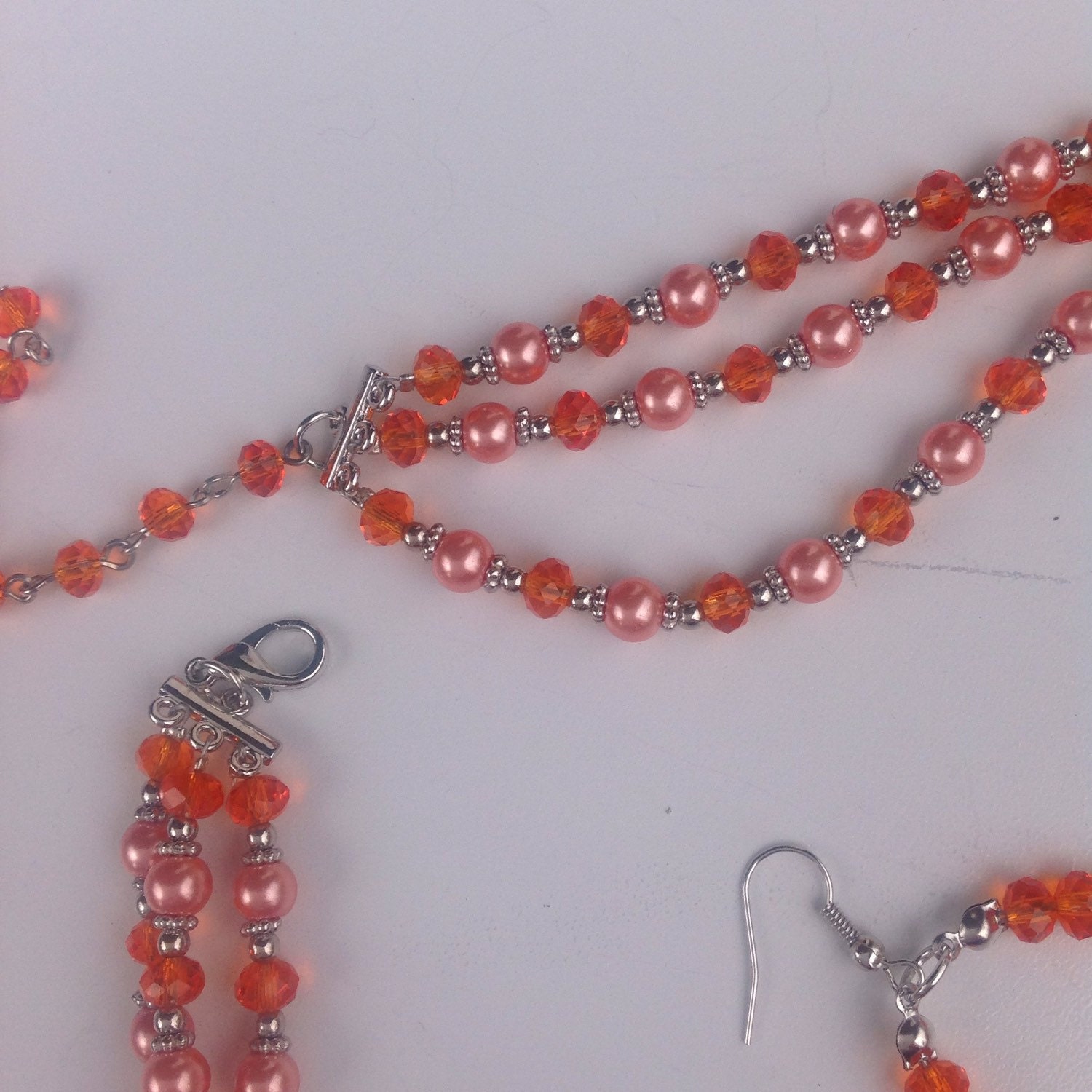 3 Strand Coral Crystal Necklace set Bridesmaid jewelry sets