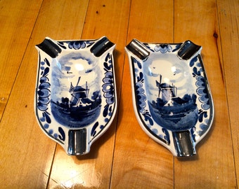 PAIR of 2 DELFT ASHTRAYS with Silver Trim, Hand Painted & Numbered, Made in Holland, Windmill, Unused, Blue and White, Home Decor