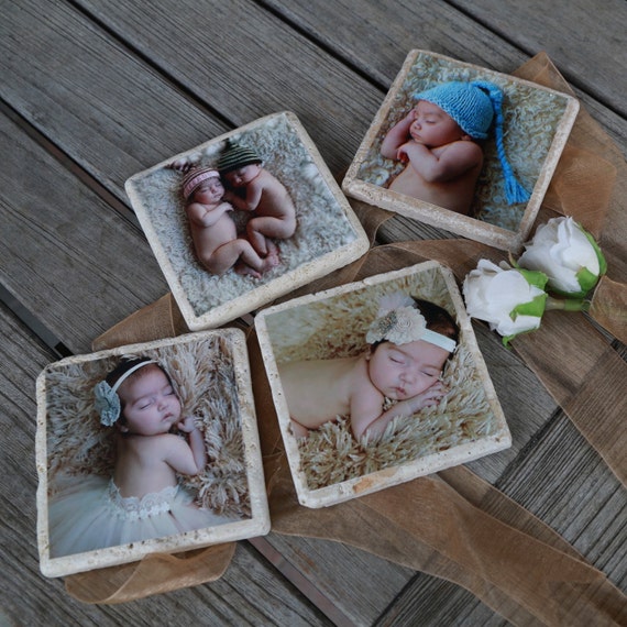 4 Personalized Photo Coasters. Travertine Stone. Custom