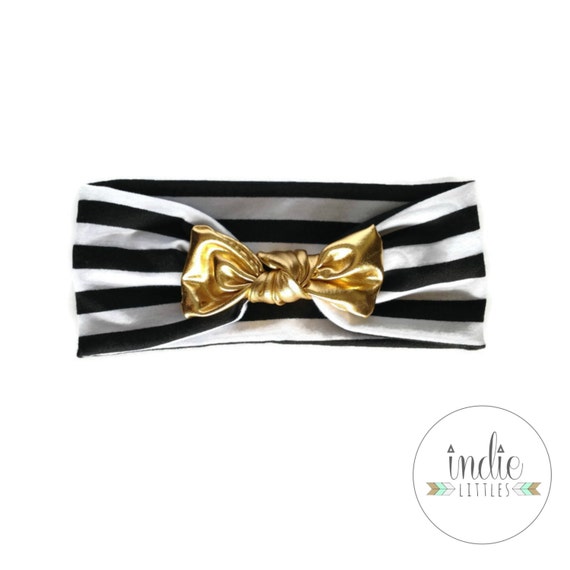 Black and White Stripe Gold Bow Headband / Knot Tied Headbands