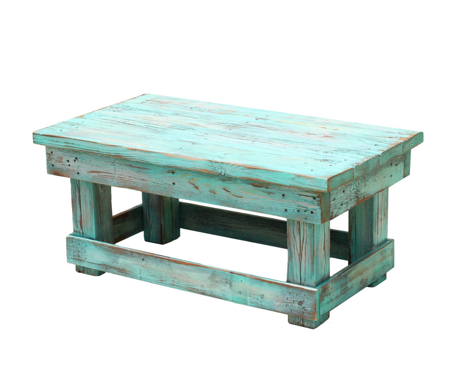 SALE Rustic Distressed Coffee Table with Aqua Color Pop