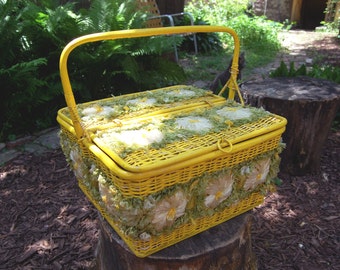 Vintage Philippines Yellow and Green Floral Picnic Basket Filled with Plastic Dining Ware / Lined with Vinyl