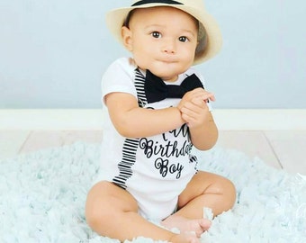 Boy half birthday onesie with matching suspenders and bow tie set, 1/2 Birthday baby boy onesie, Baby boy birthday outfit