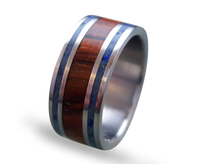 Titanium mens ring with Cocobolo wood and Lapis Lazuli and Glow In The Dark Powder Ring