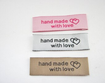 24 Fabric Labels "Handmade with Love" 50mm (2" inch) Pink White Beige Sew On Clothes Labels Tags Sewing Tags Dressmaking Accessories