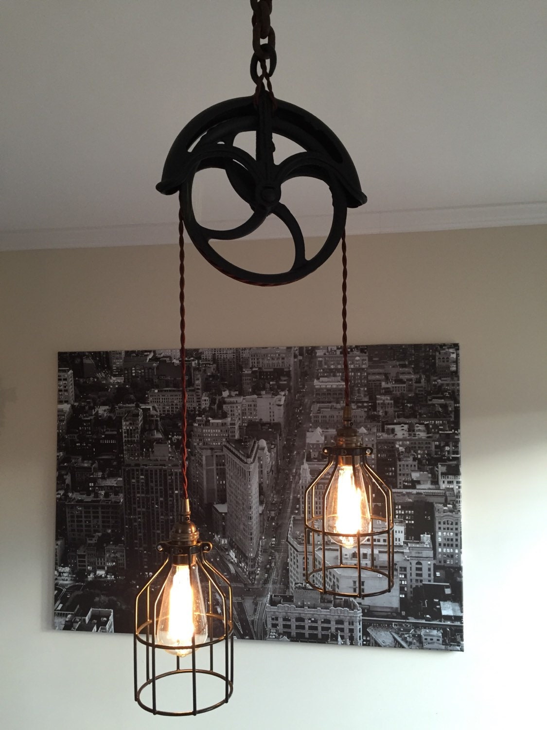 Steampunk Salvage Well Pulley Pendant Light Antique Brass