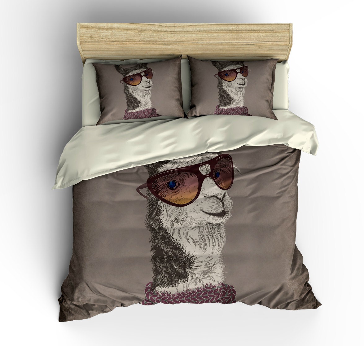 Bedding Hipster Llama Duvet Cover Set Soft Brown or Gray