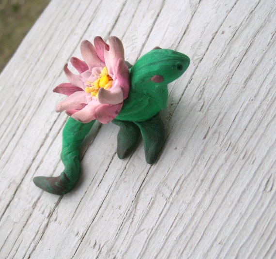 Cute Water Dragon, Polymer Clay Pet, just add her to a nook, cranny or rock, she needs a home, not much space, Lily pad flower on her back