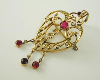 Art Nouveau Ruby paste & pearl pendant brooch 9 ct gold stunning C.1900 5.2g