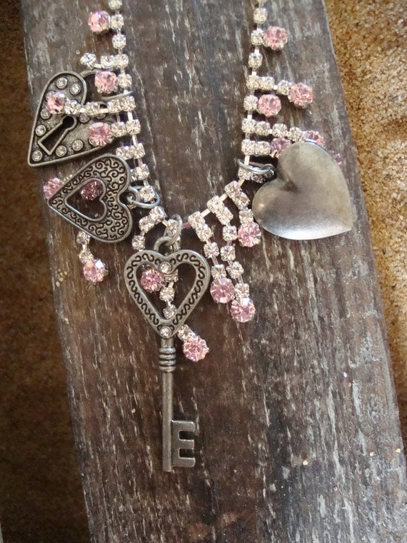 Pink Rhinestone Necklace Key to My Heart by BooshiEtc on Etsy