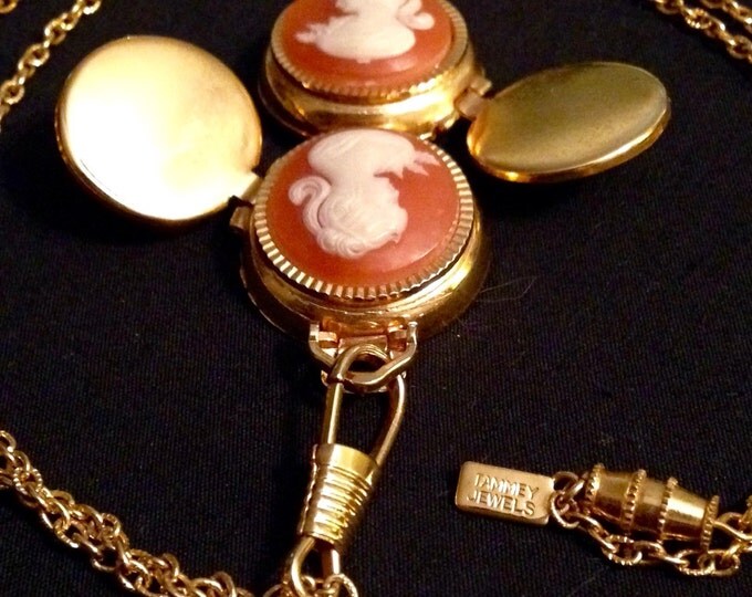 Storewide 25% Off SALE Vintage Salmon Tone Tammey Jewels Signed Double Hinged Cameo Locket With Gold Filled Necklace Featuring Unique Flip C