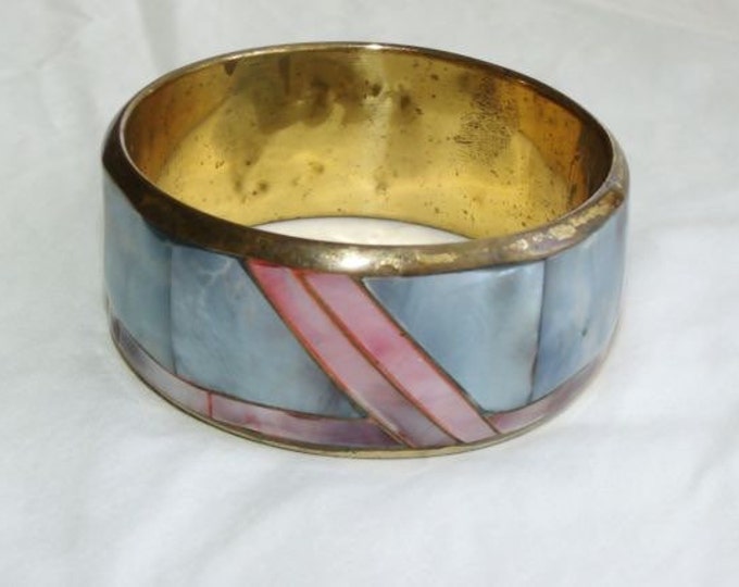 Storewide 25% Off SALE Vintage Gold Tone Segmented Mother Of Pearl Inlaid Designer Bangle Bracelet Featuring Eclectic Powder Blue & Rose Pin