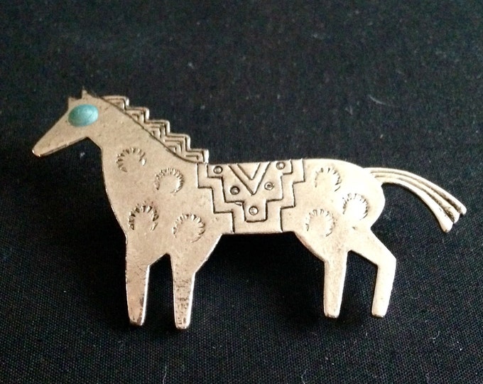 Storewide 25% Off SALE Vintage Silver Tone Riding Horse Style Designer Animal Brooch Pin Featuring Blue Turquoise Inspired Eye With Elegant