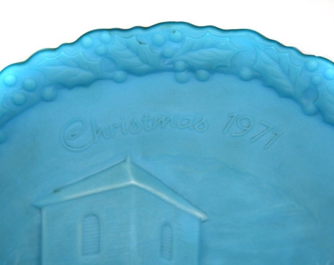 Storewide 25% Off SALE Vintage 1971 Fenton Heavy Glass Baby Blue Decorative Christmas Plate Featuring Old Brick Church Design With Classical