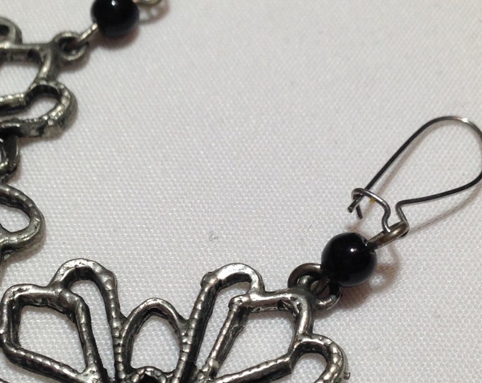 Storewide 25% Off SALE Vintage Open Texture Silver Tone Dangle Style Pierced Earrings Featuring Black Beaded Accent Design