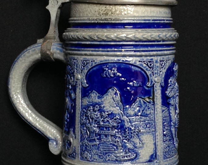 Storewide 25% Off SALE Antique Authentic Reinhold Hanke #1302 German Cobalt Stoneware Beer Stein Featuring Raised Blue Salt Glaze Design Wit