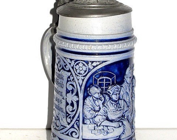 Storewide 25% Off SALE Vintage Octoberfest Celebratory Style Authentic German Beer Stein Featuring Cobalt Blue Design With Pewter Lid