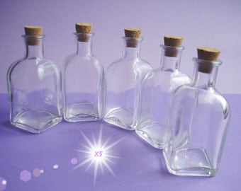 Glass Bottles Set with Cork lids, x5 Clear Glass Vials, Square Shape, Capacity of 1.7oz