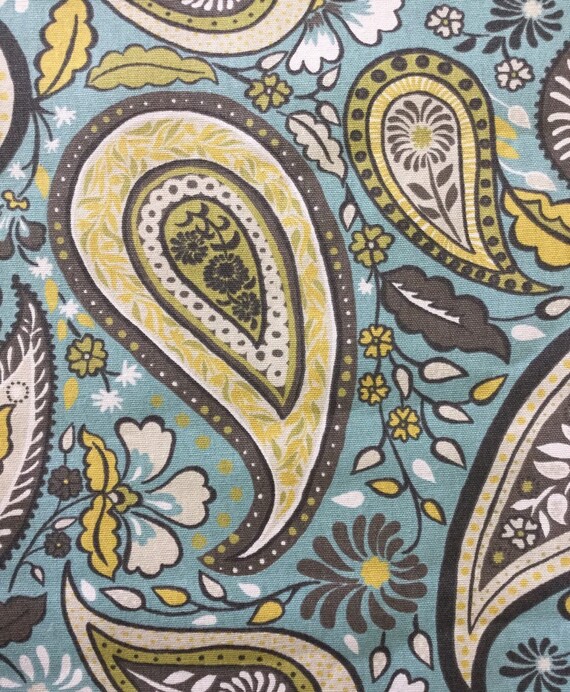 Grey Blue and Yellow Paisley Upholstery Fabric by the Yard
