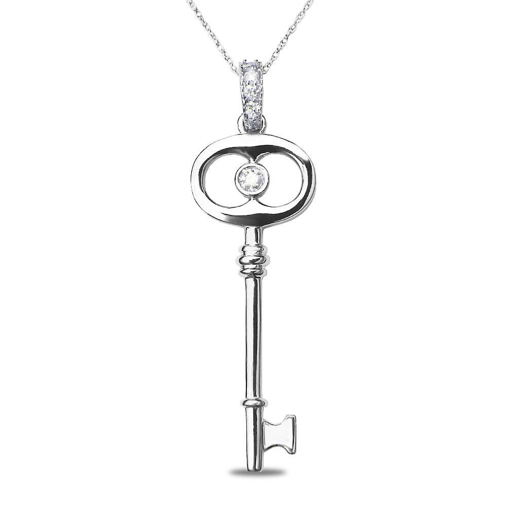 Ladies 1/4CT Diamond Key Pendant in 14k White Gold