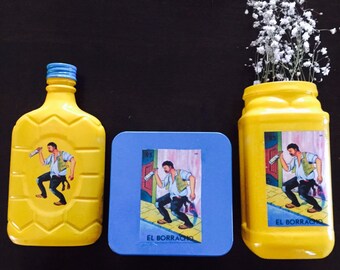 CLEARANCE Loteria Chicana El Boracho Flask, Flower Vase and Storage Tin OOAK