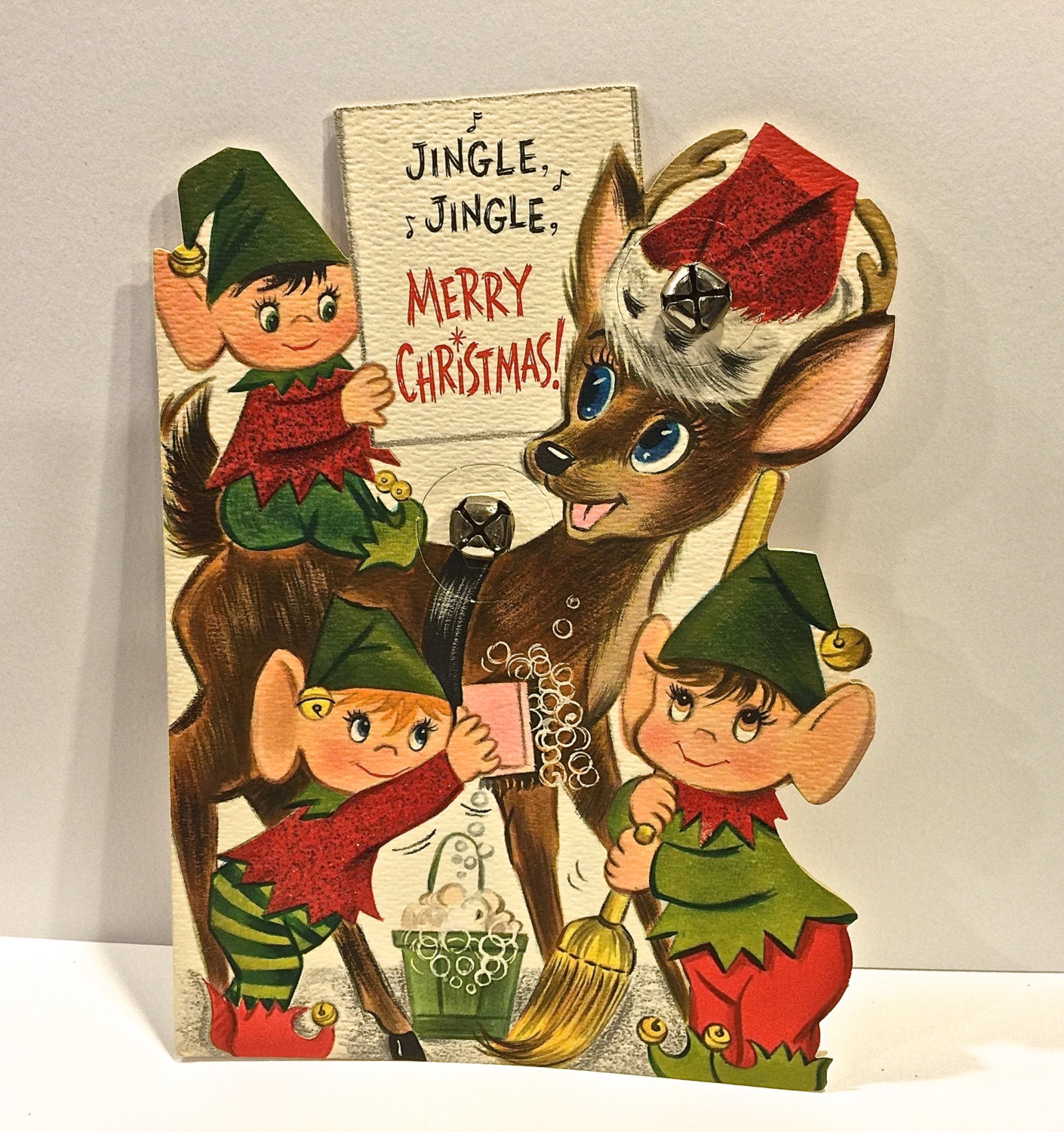 Vintage Christmas Elf Pixie Hallmark Card Die Cut Reindeer