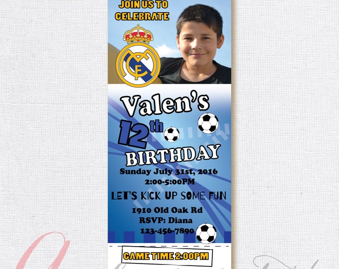 Soccer birthday party invitation. Boy birthday party. Soccer ticket invitation. Soccer invite. Real Madrid invitation.