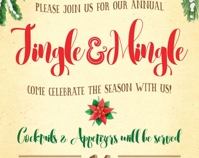 Christmas Invitation, Christmas Invite, Holiday Invitation, Jingle and Mingle . Vintage Christmas invite, Holiday Invite. Christmas Party