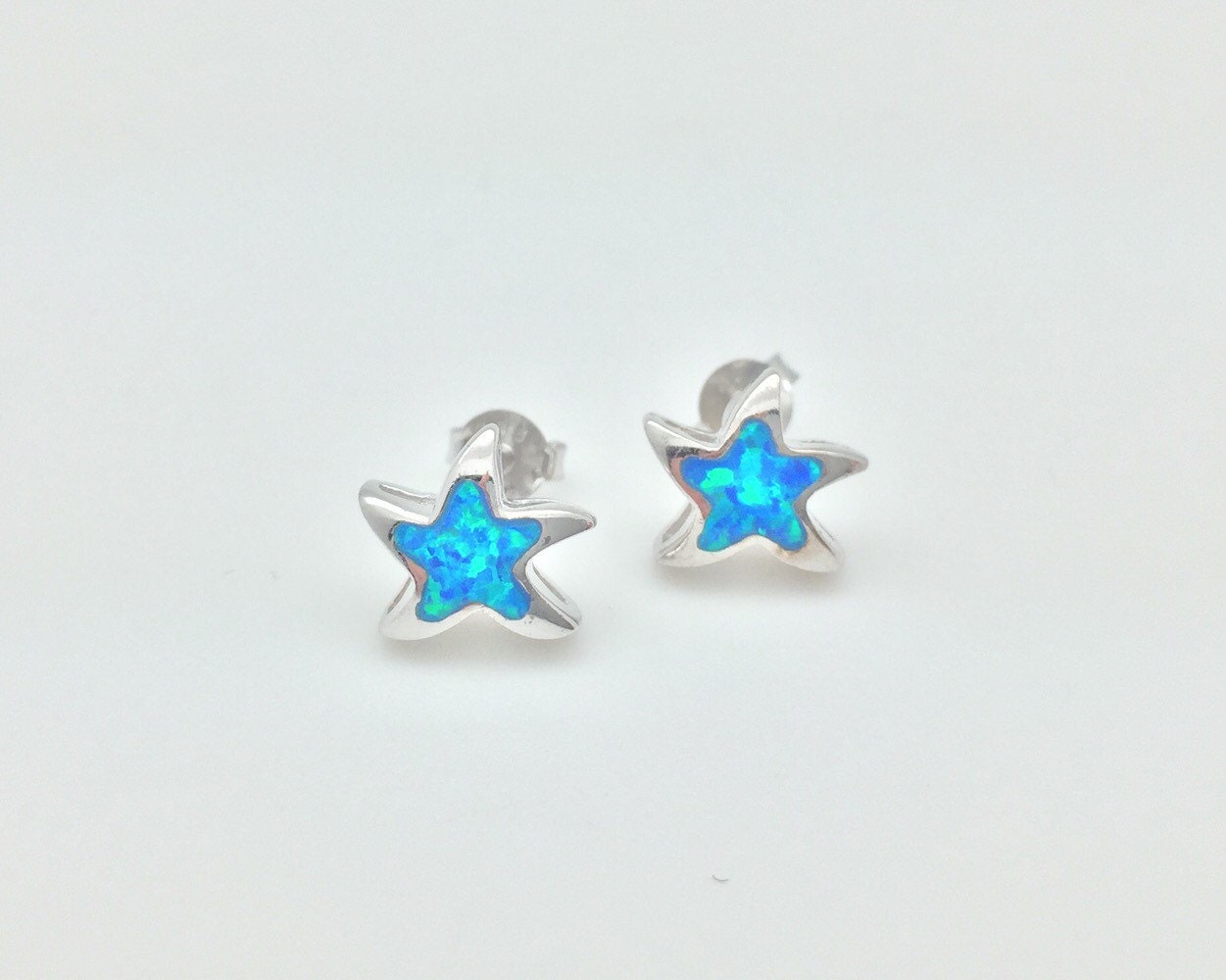 Blue Star Opal Stud Earrings // 925 Sterling Silver // Star