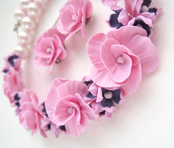 Pink flower statement necklace Floral jewelry set Earring