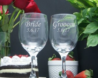 Custom Engraved Wine Glasses - Bride and Groom / Personalized Glasses / Stemmed Wine Glass / Wedding Gift / Set of 2 / Add Your Name or Date