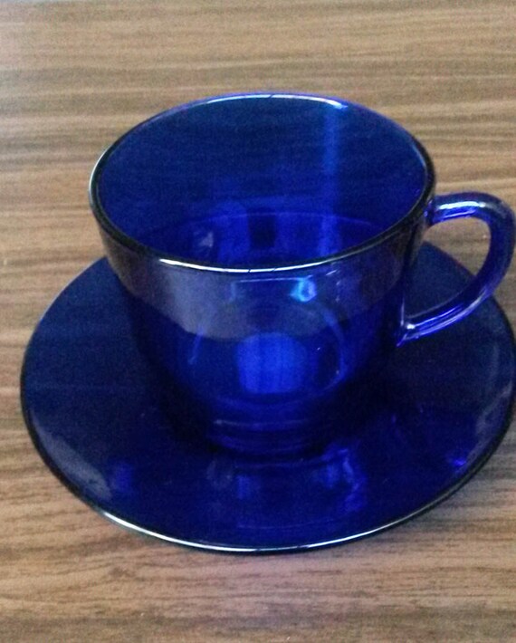 Vintage Cobalt Blue Glass Cups and Saucers 8 Sets by IpoDepot