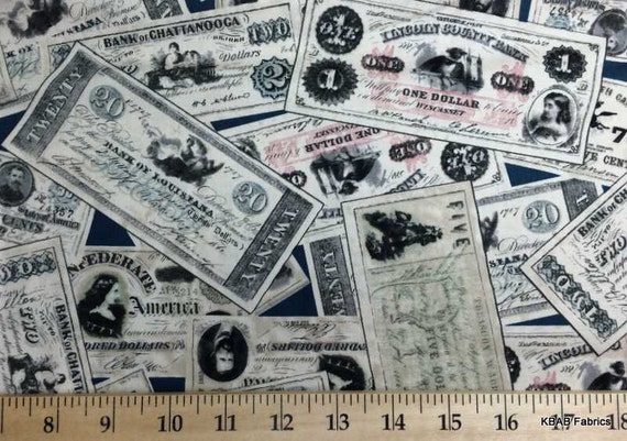 Items similar to CONFEDERATE MONEY Fabric By the Yard, Half, Fat