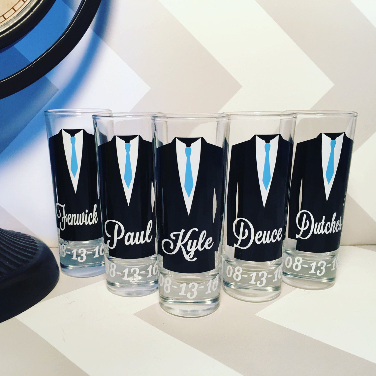 Personalized Shot Glasses with Tuxes Groom and Groomsmen